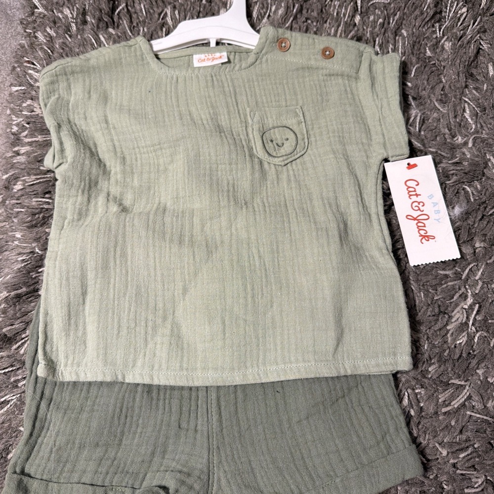 Cat & Jack Unisex 2pc Muslin Cotton Short Sleeve Top & Shorts Set Blue 6-9M Smil